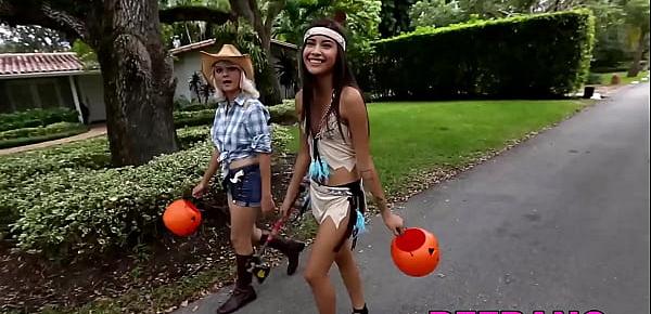  Petite teen in Pocahontas outfit banged by a monster cock